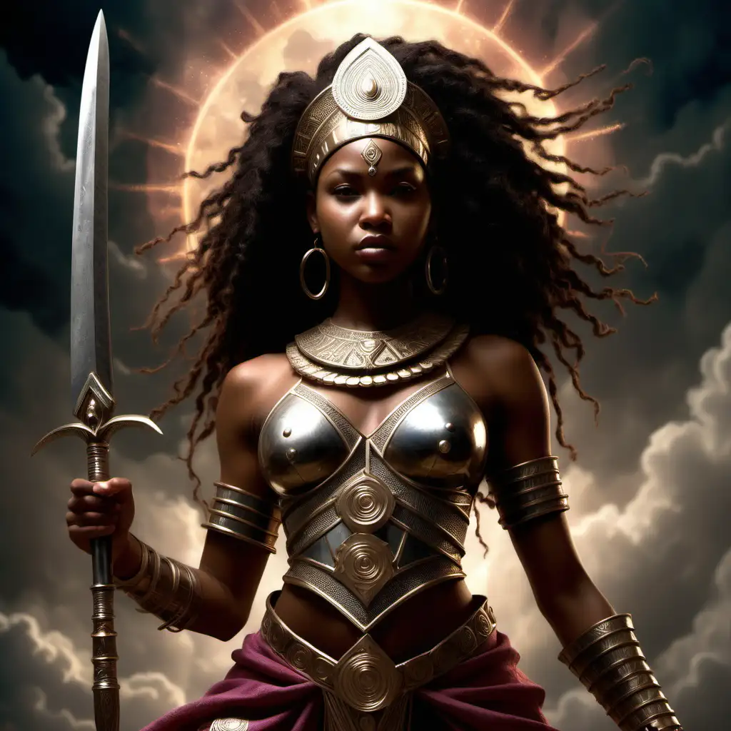 Seraphina a young African American warrior women channeling her essence, a radiant sacrifice to counter the darkness