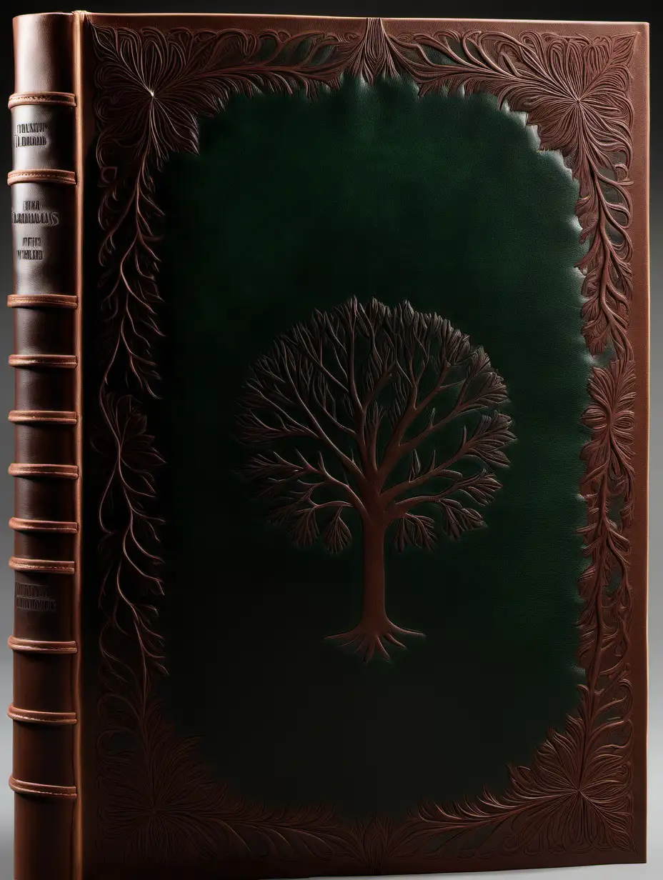 blank book cover in leather with a central negative space, and being the color of woodlands; with an elegant, stamped border around the central negative space.
