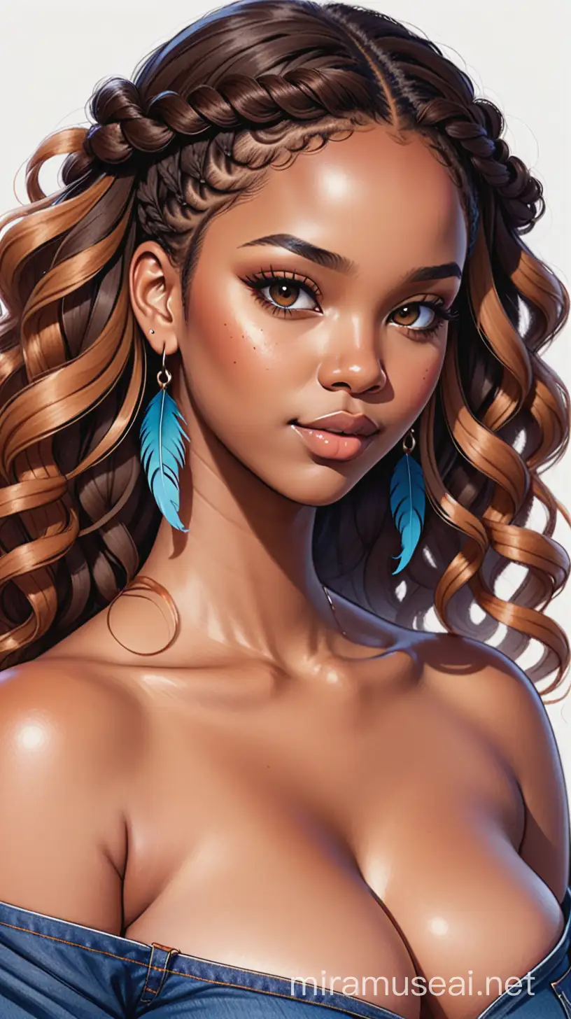 create a Manga watercolor illustration of a plus size dark skinned black female wearing Tight blue jeans and a hazel brown off the shoulder blouse. Prominent make up with long lashes and hazel eyes. She is wearing brown feather earrings. Highly detailed halo braids