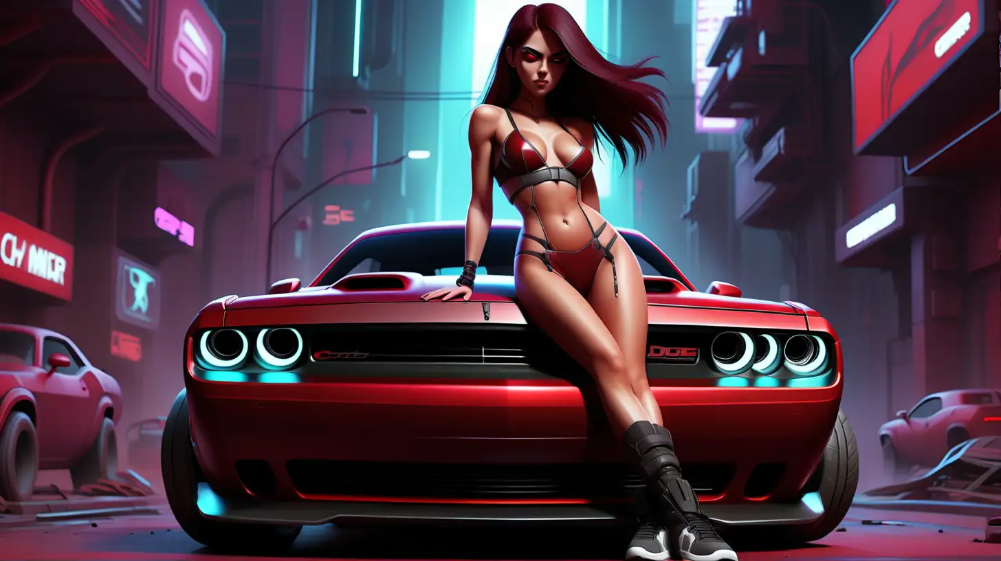 A beautiful modern cyberpunk style wallpaper featuring a deep red dodge challenger demon car and a super attractive girl wearing a skimpy cyberpunk style outfit 