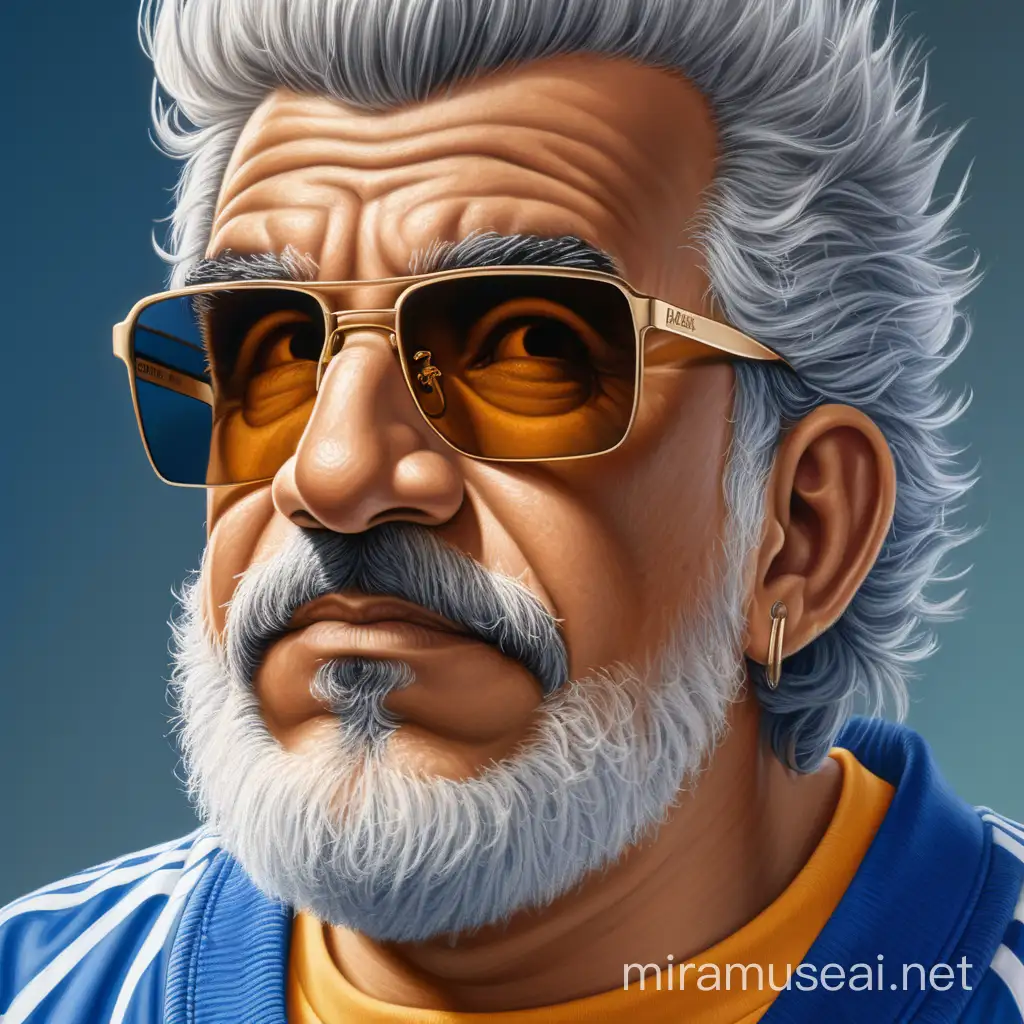 Older man, Gray Hair, wrinkly face, huge nose, Latino skin color, sunburned, gold earring, square 90's SHADES covering eyes, Blue tracksuit hummel, 4k, gray Goatee beard,  Square jow, very hairy, bulky, muscular, hair on stomach, tracksuit jacket open, has hair going from groin to chest,  Scars on face, skin damage, sun damage skin, large bushy eyebrows,