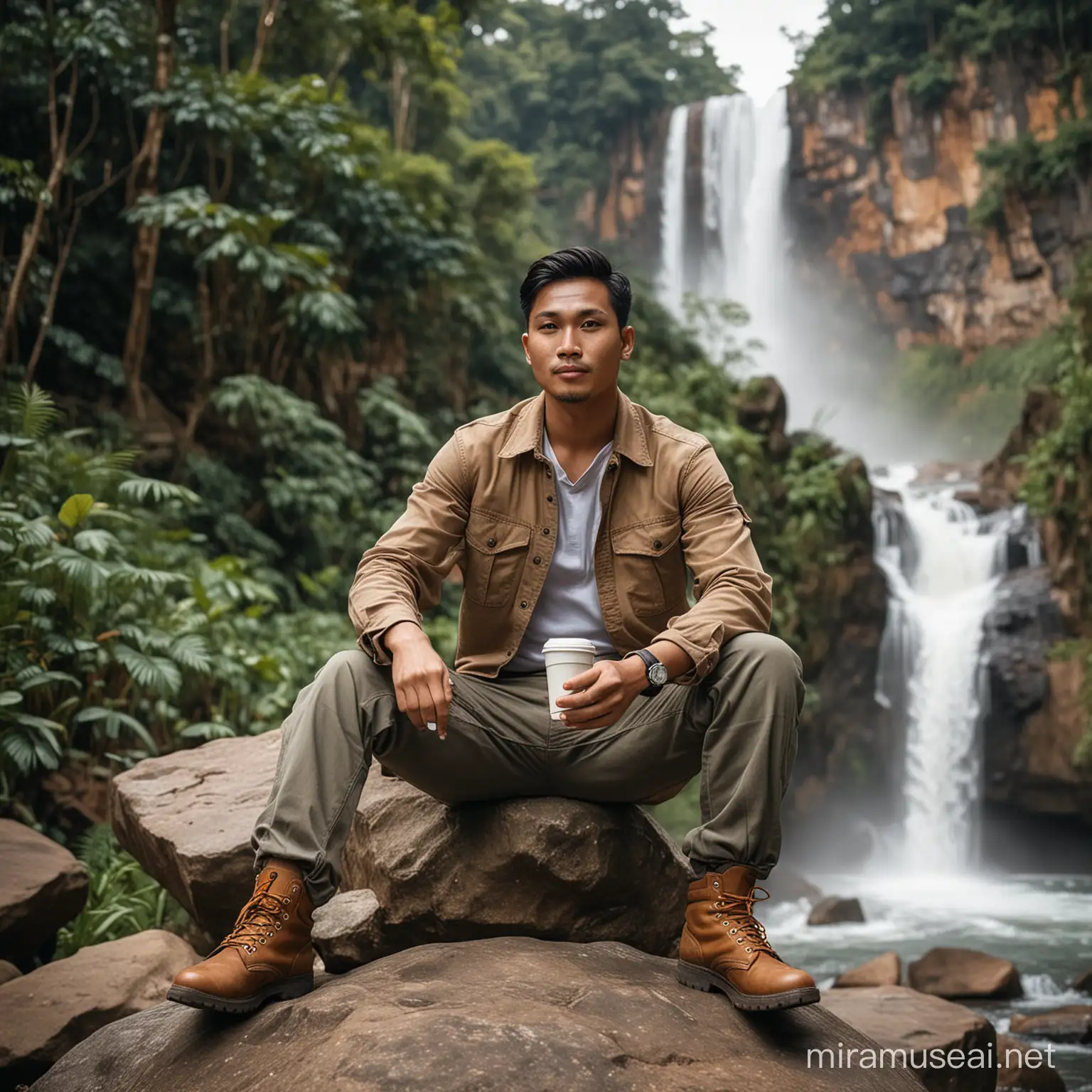 Indonesian Man Relaxing by Waterfall with Coffee and Cigarette