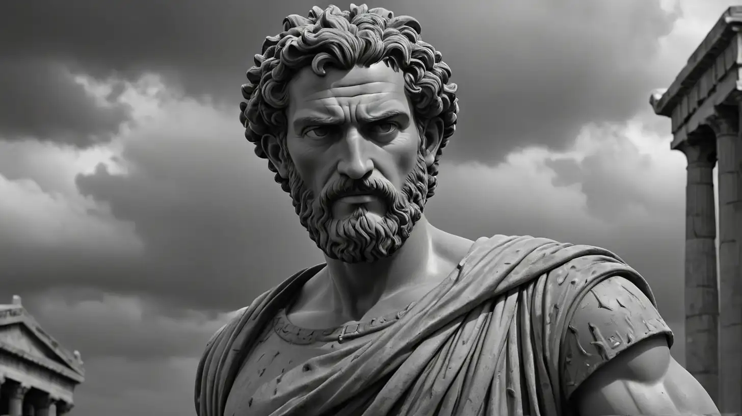 A dark landscape image of an ancient greek society deeply connected to stoicism, black and white, ancient greek architecture, include one single big statue of a stereotypical strong greek man, marcus aurelius --ar 16:9 
