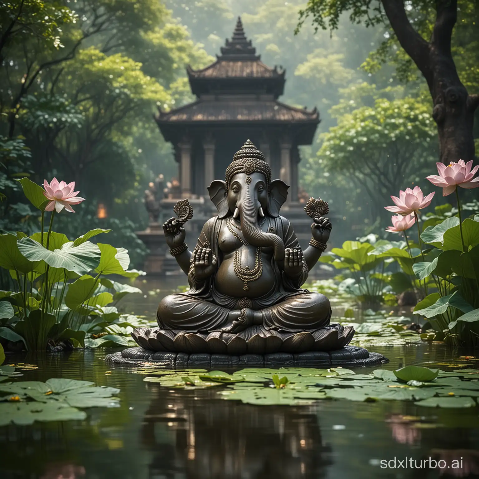 Mystical-Temple-Backyard-Serene-Meditation-Space-with-Bronze-Ganesha-and-Flowing-Water