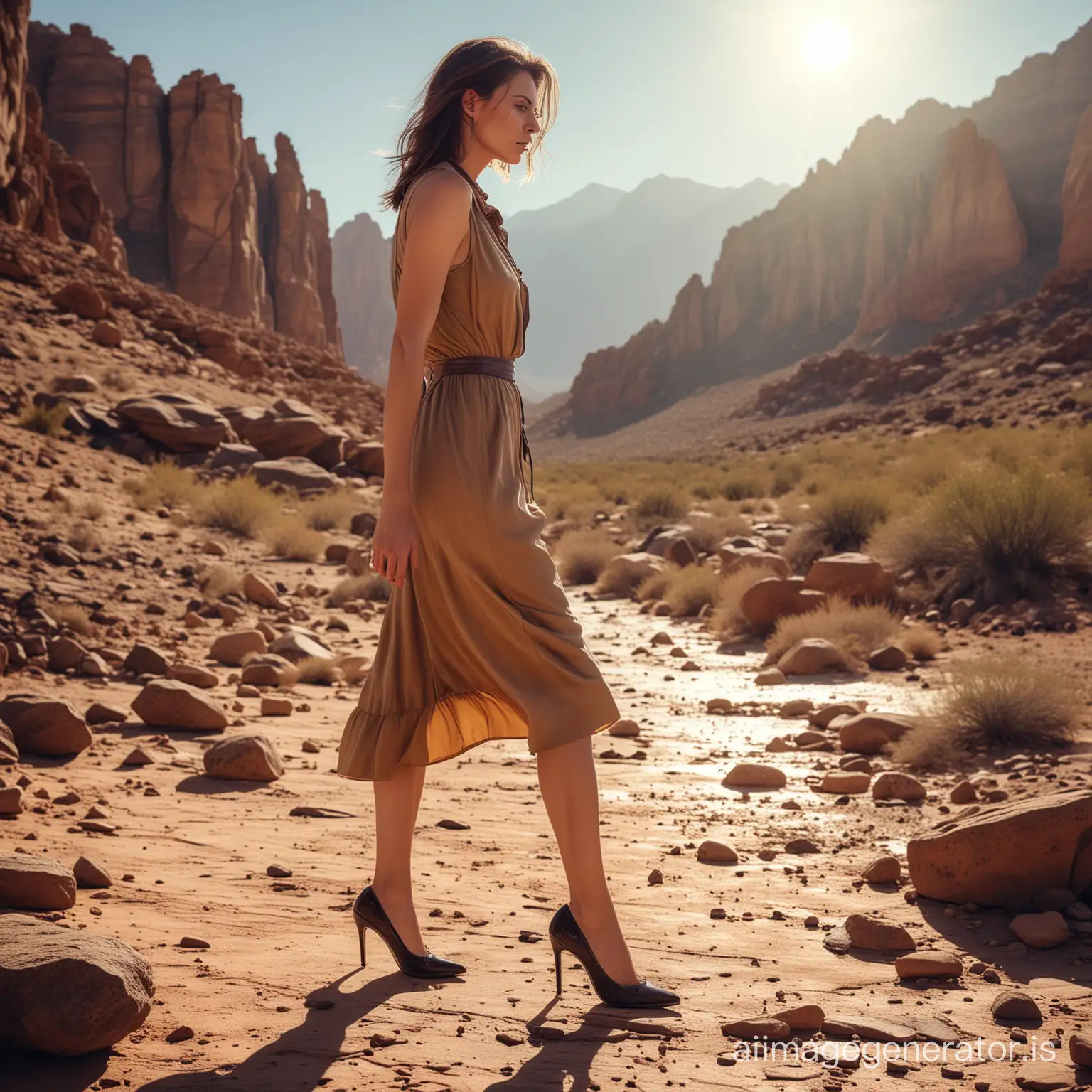a woman dressed in vintage attire and pointy shoes with six-inch stiletto heels, very thirsty, sweating profusely, exhausted, walking in a rocky desert under a scorching sun in a wild, dramatic and scenic landscape with impressive views