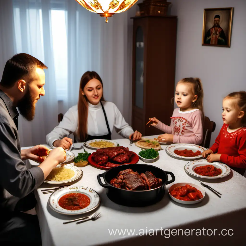 Orthodox-Christian-Family-Dinner-Sharing-Cooked-Meat-Dish