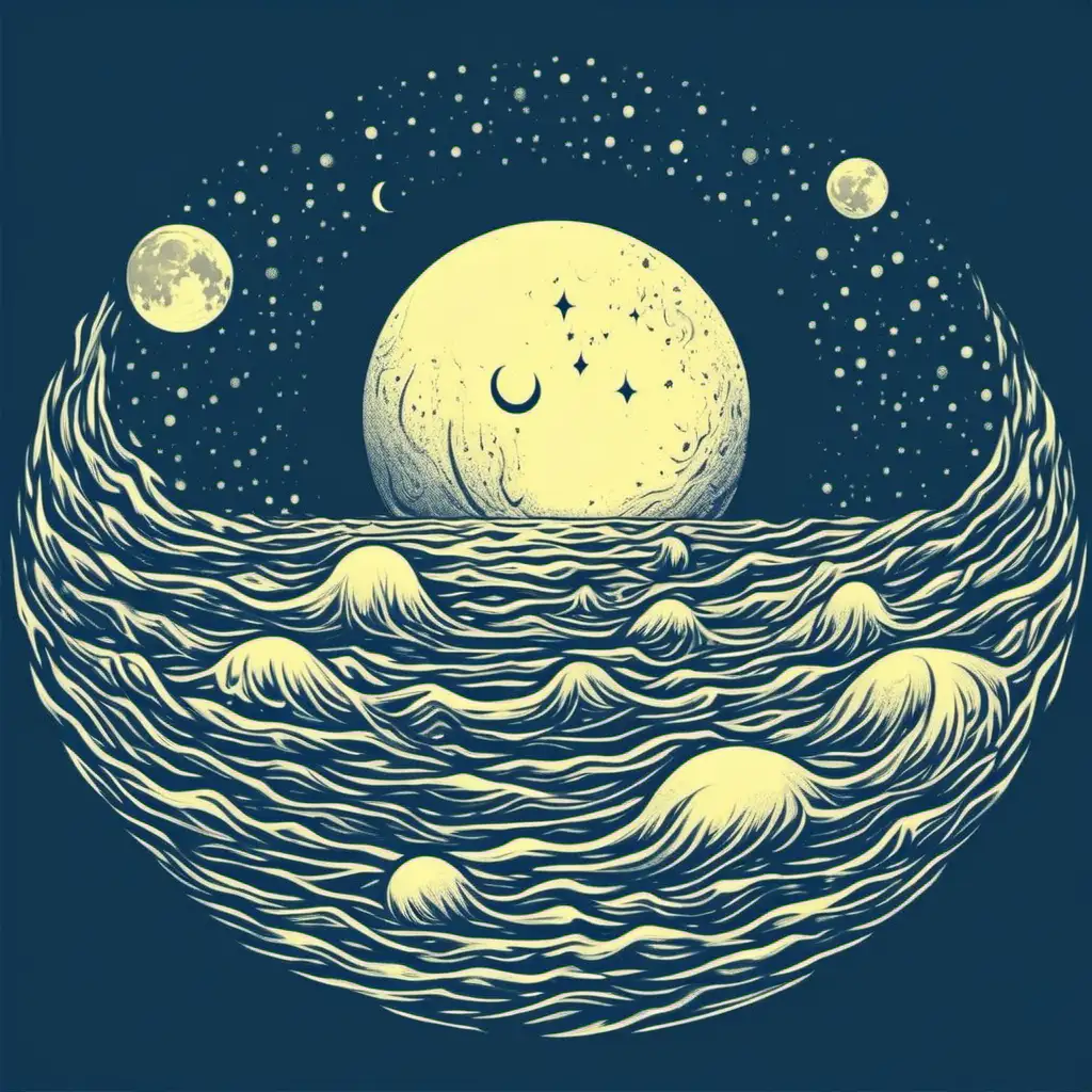 the moon sinks in the middle of the sea, simple vector art, 2d
