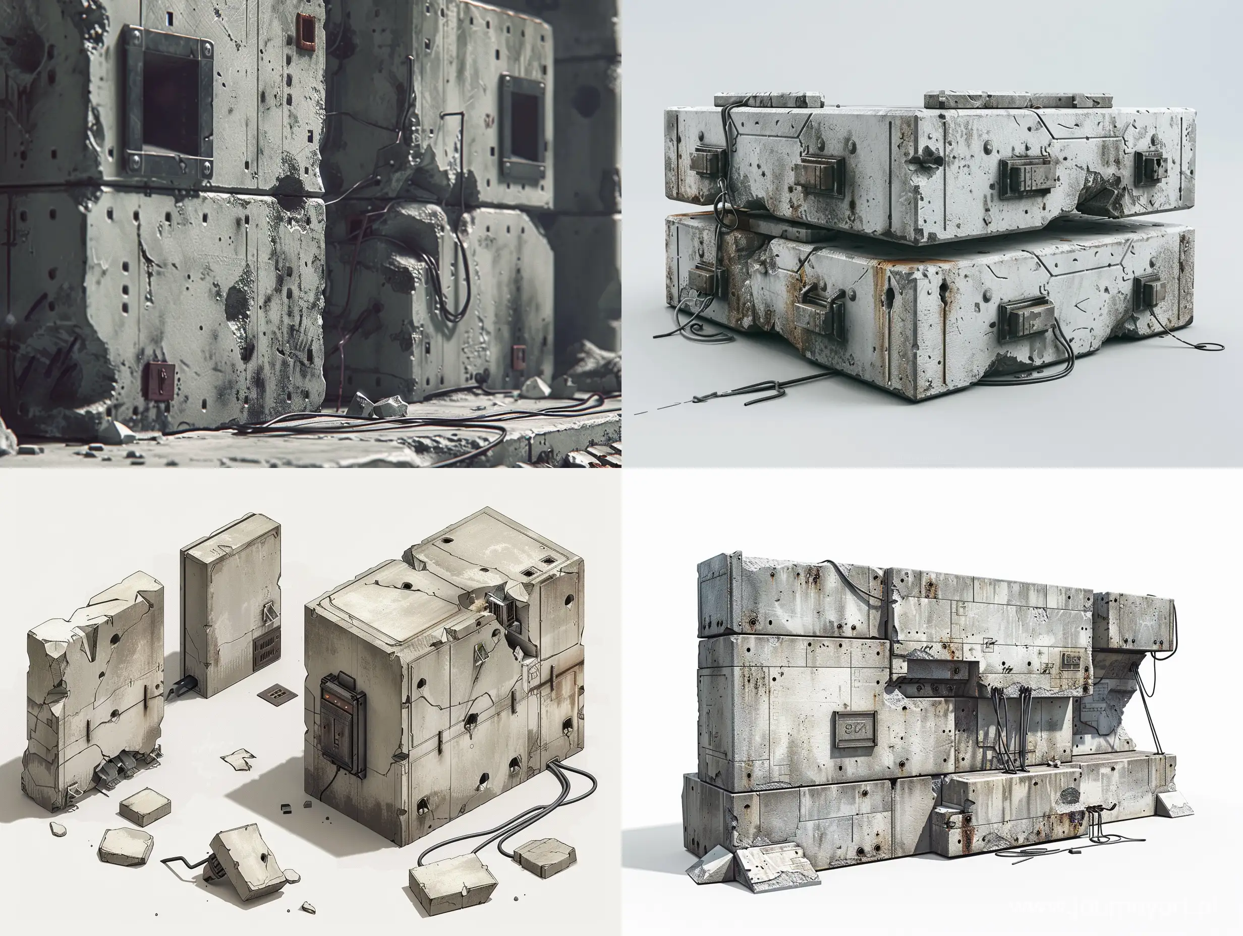 a tile set of sprites for 2d platformer. side view. concrete blocks are pieces of industrial ruins. steel parts, small wires, sprite map.minimalism. post-apocalypse, brutalism. 8k. photorealism, unreal engine