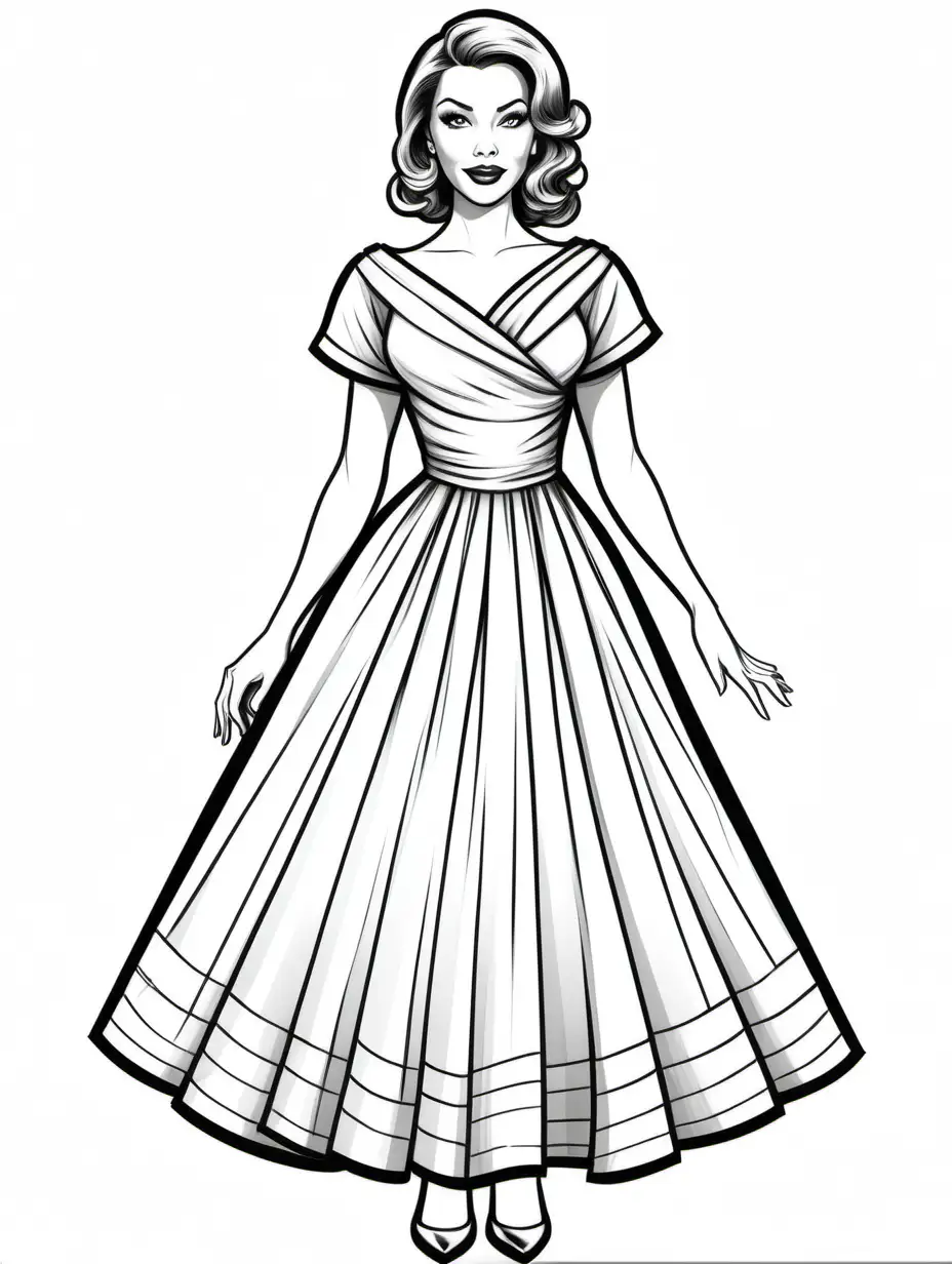 movie star style dress with sleeves for a coloring book, thick black lines, 2 inch margins, no background