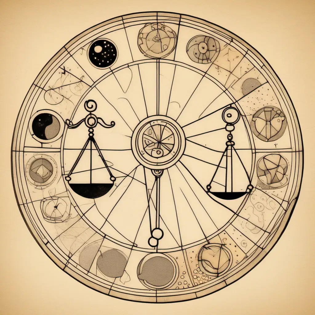 Astrogical wheel libra sign in love, , etching, on light beige, bold color, muted palette,, loose line drawing, playfully intricate, puzzle-like elements, black and white