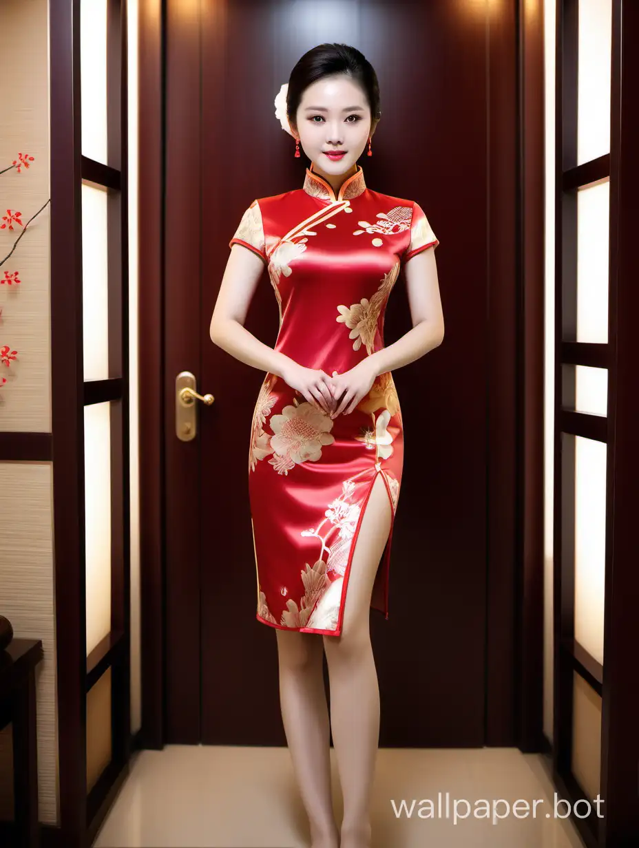 Dressed in cheongsam, the lady stood gracefully in the massage room