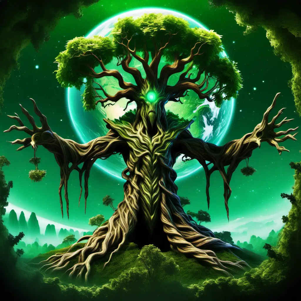 Majestic Sentient Mage Conjuring a Towering Treant on a Lush Green Planet