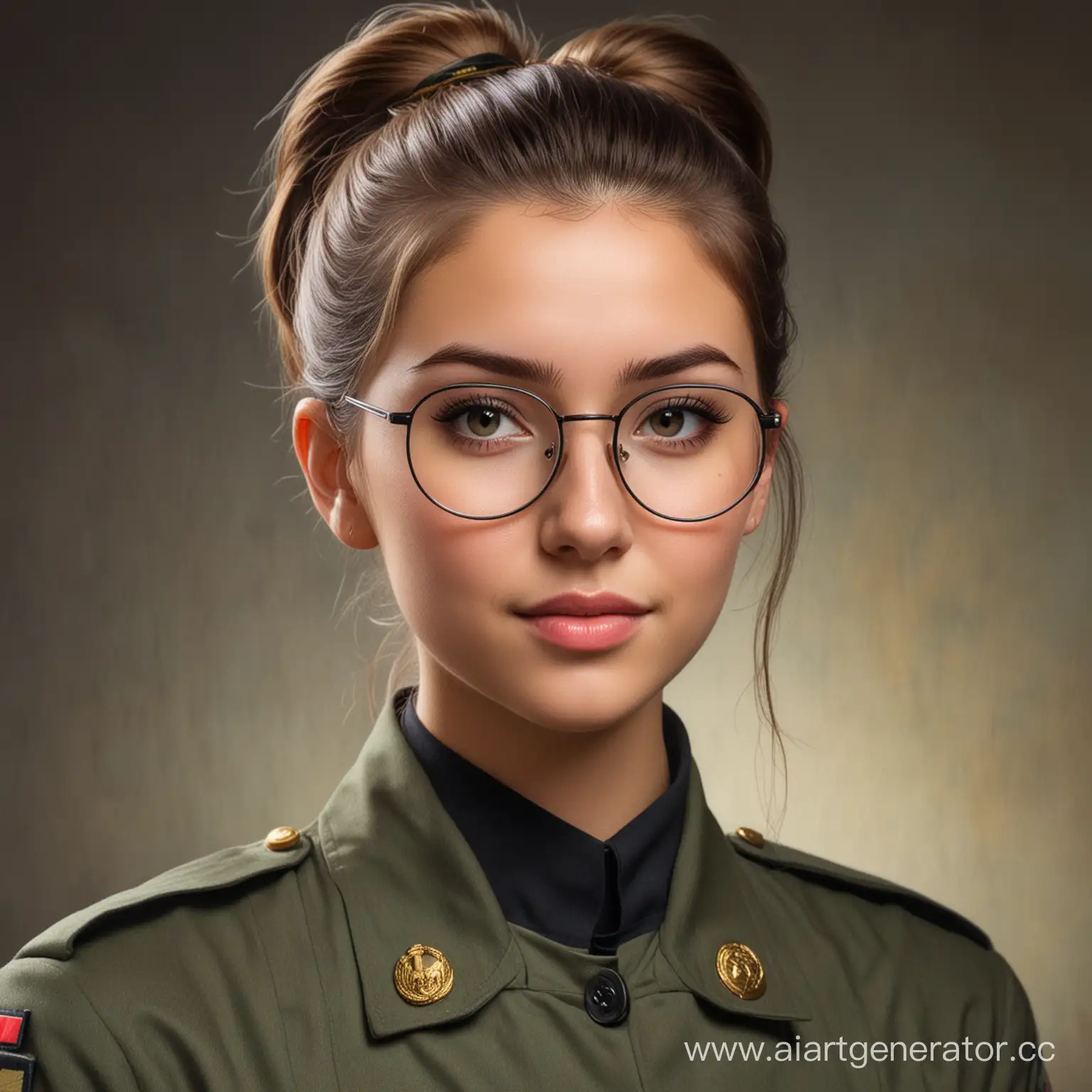 Девушка 25 лет в военной форме, в круглых очках и с маленьким хвостом волос, портрет