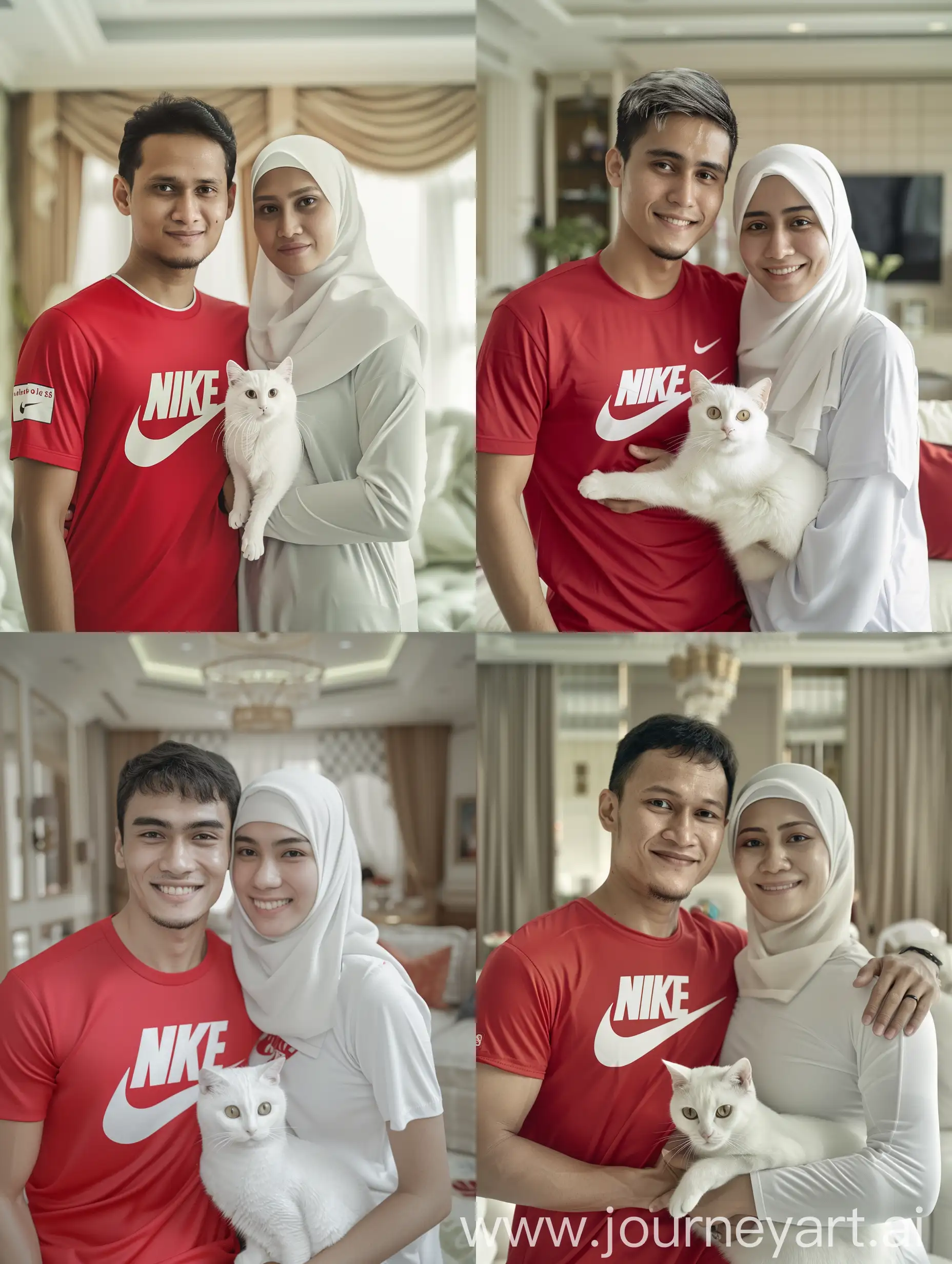 (8K, RAW Photo, Photography, Photorealistic, Realistic, Highest Quality, Intricate Detail), Medium photo of 25 year old Indonesian man, fit, ideal body, oval face, white skin, natural skin, medium hair, wearing a red Nike t-shirt, side by side with a 25 year old Indonesian woman wearing a white hijab, white Nike t-shirt, they are smiling facing the camera, their eyes are looking at the camera, the corners of their eyes are at the same level and they are hugging a nice, cute white cat with a view in the luxurious living room, sofa, there is a clear HD level