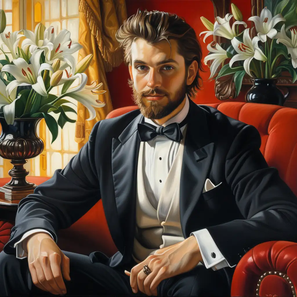 Dapper Young Man in Stylish Black Tuxedo on Red Sofa