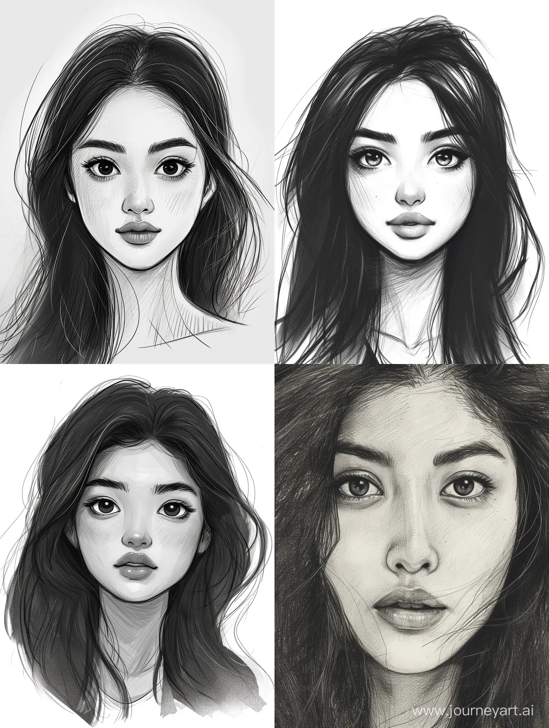 an asian girl, sketched drawing, matisse style, the girl  Bangladeshi has beautiful eyes and her hair is long length, her hair is black and cool style, her nose is wider, a single eyebrow created when the two eyebrows meet in the middle above the bridge of the nose, wider lips, oval face shape in 4k quality, girl is cute vibes with sexy eyes and beautiful