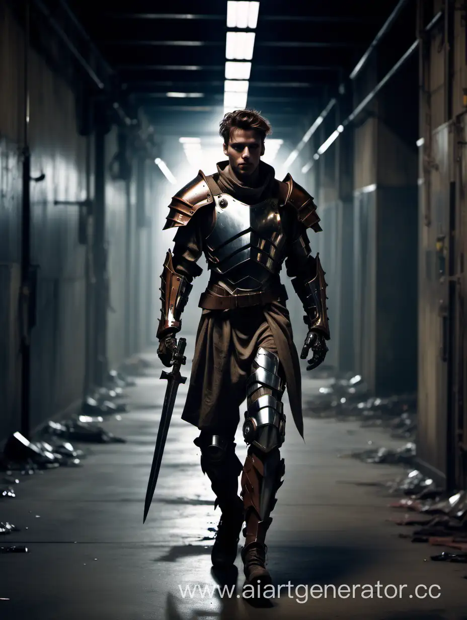 Dystopian future fashion, cyberpunk, young adult white man, messy brown hair, walking towards camera, walking through dimly lit industrial corridor, chrome heroic knight armour on right arm, cinematic style 