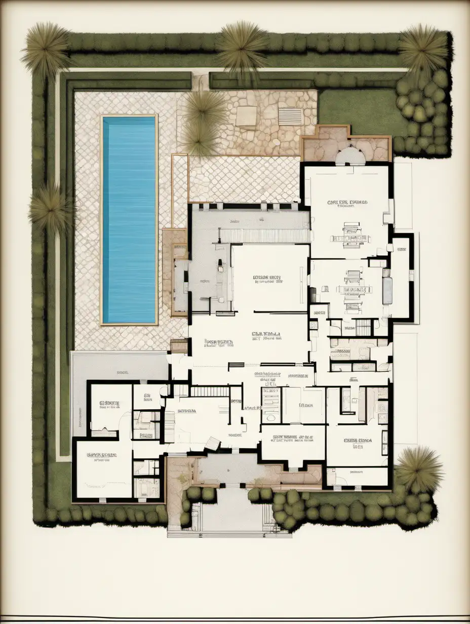 HighResolution Architectural Drawing of a Greek Villa with Spa and Courtyards