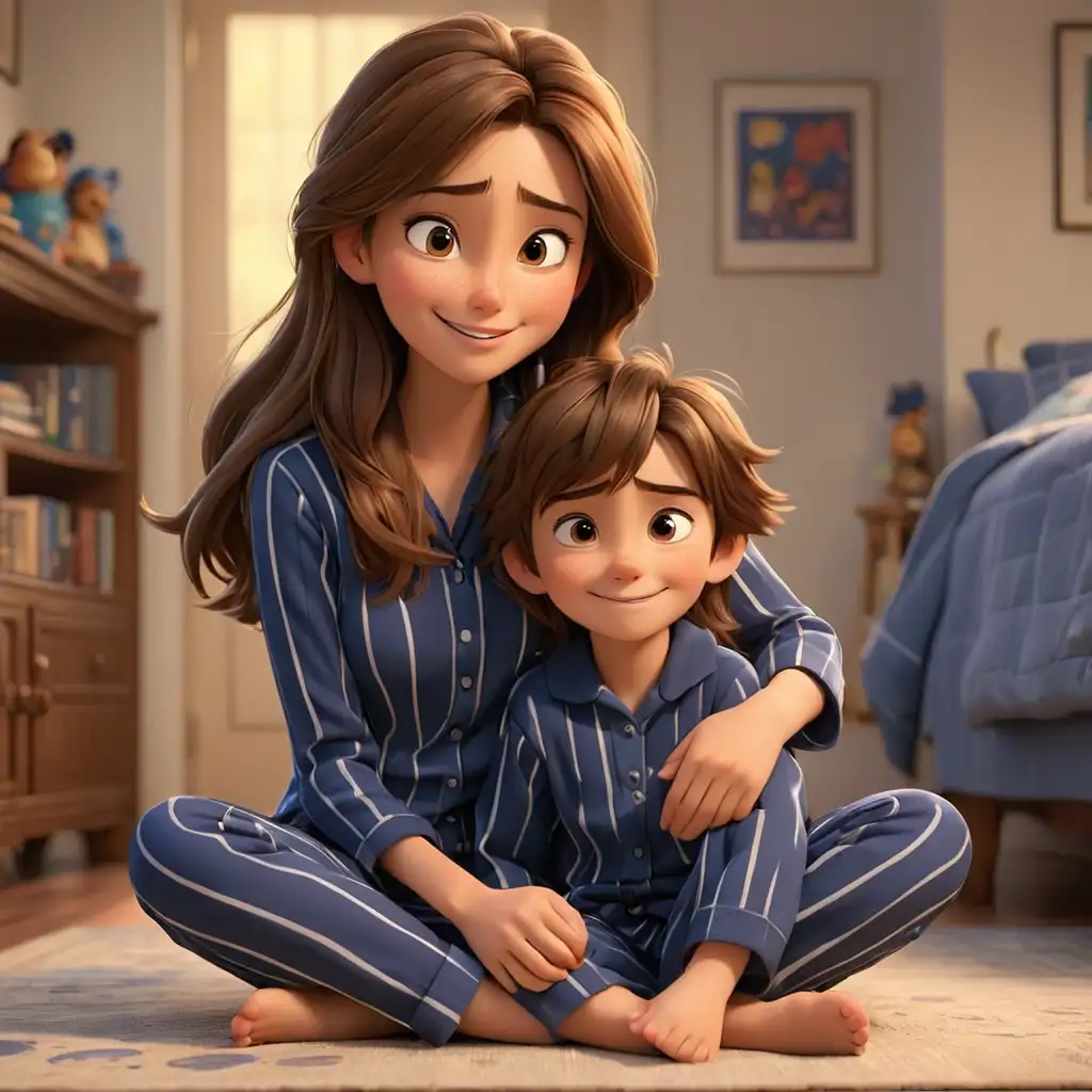 Mom and Son Sharing a Joyful Hug on the Floor in Disney Pixar Style