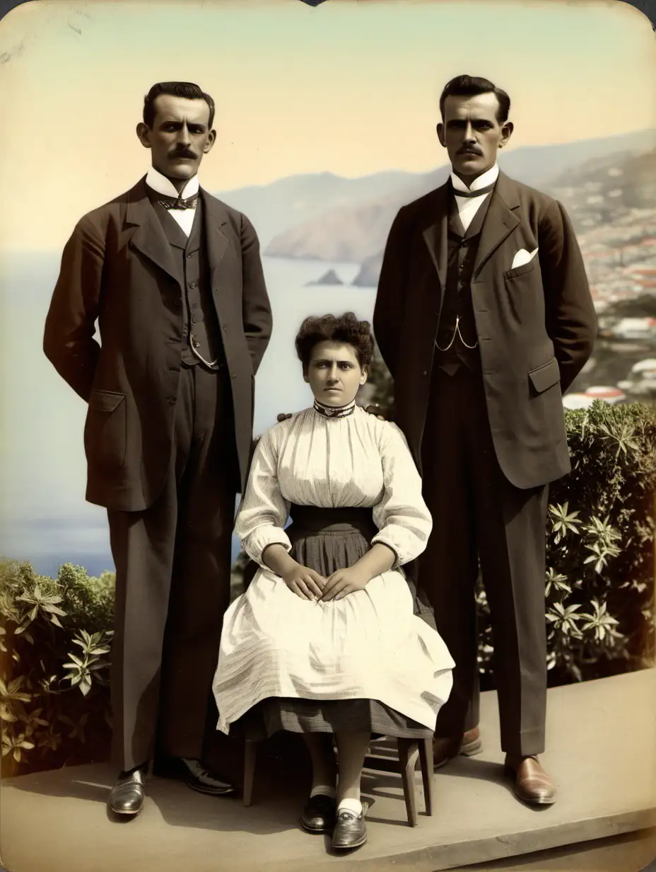 Vintage portrait of a family, a woman sitted with two men on the sides standing, from Funchal, on the island of Madeira, with no kids or children, from around 1900 born in Funchal, the island of Madeira