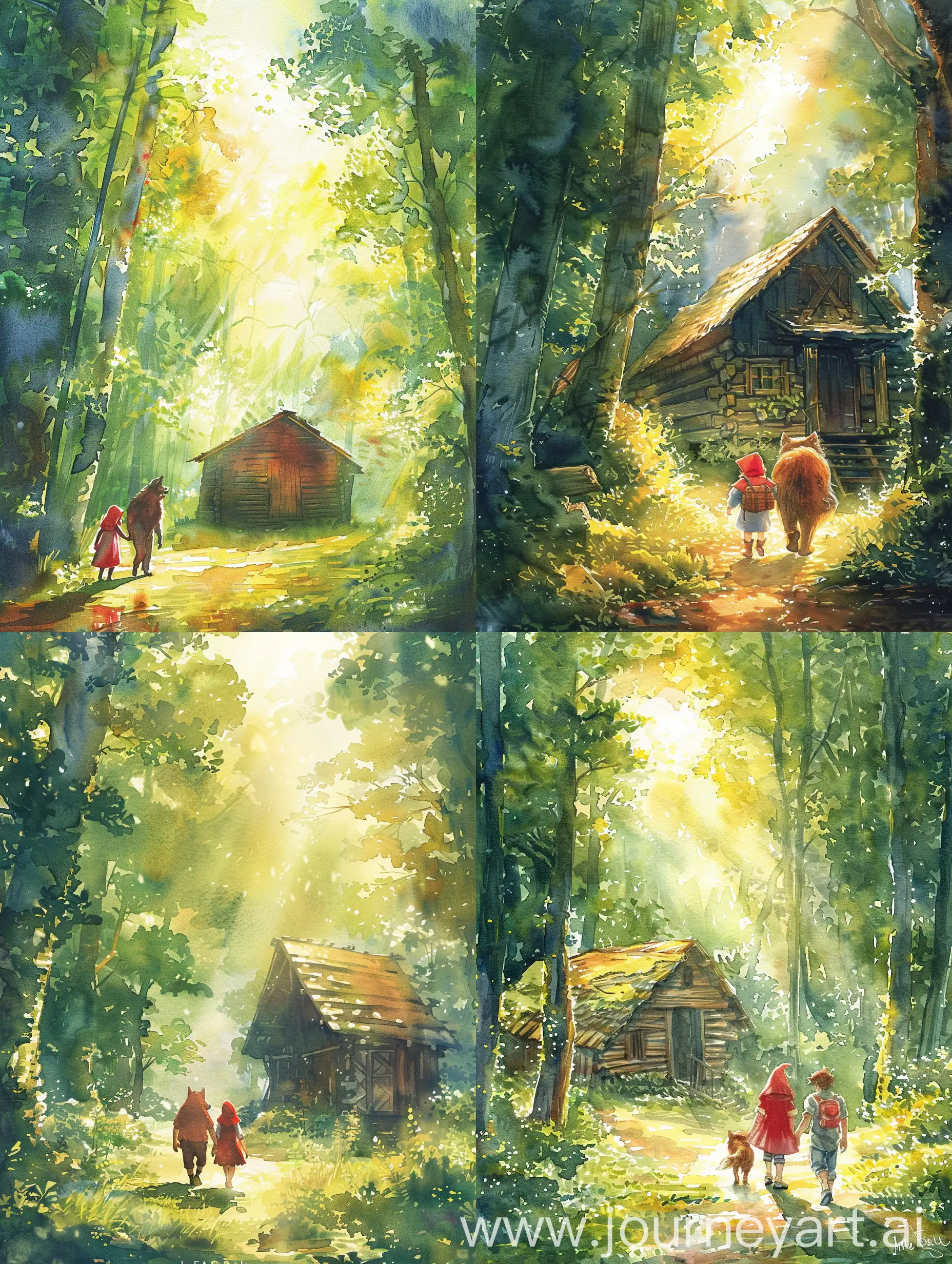 生成一张水彩的书籍封面图片，内容是小红帽和大灰狼在郁郁葱葱的森林里，阳光明媚，他们一起走向一个森林里的小木屋