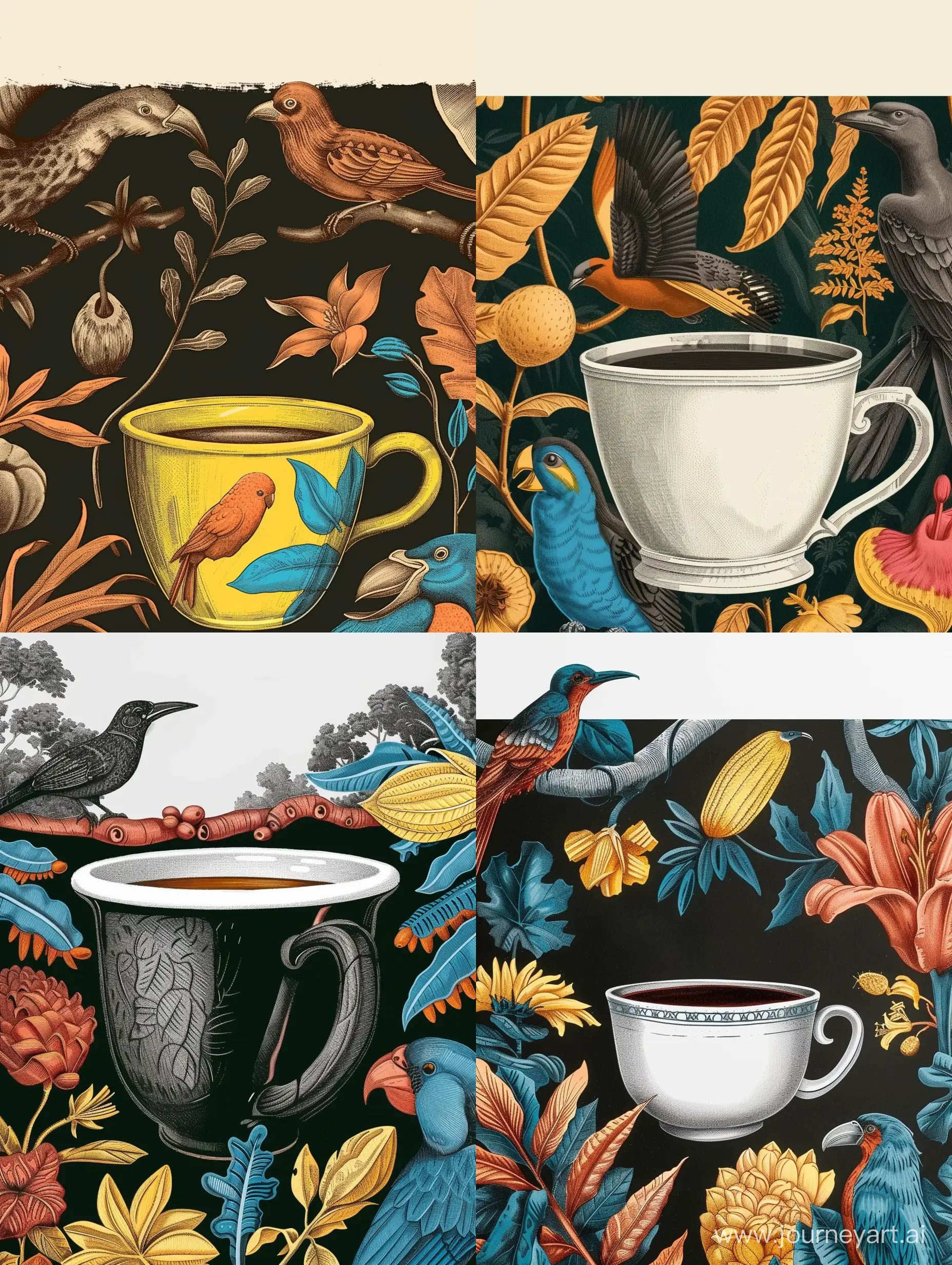 Иллюстрация чашка кофе на фоне природы Бразилии, животных, птиц и растений Бразилии, сверху однотонное пустое поле под надпись - serf https://i.pinimg.com/564x/79/bb/dd/79bbdd58e879d9243a18b7548461ad33.jpg
