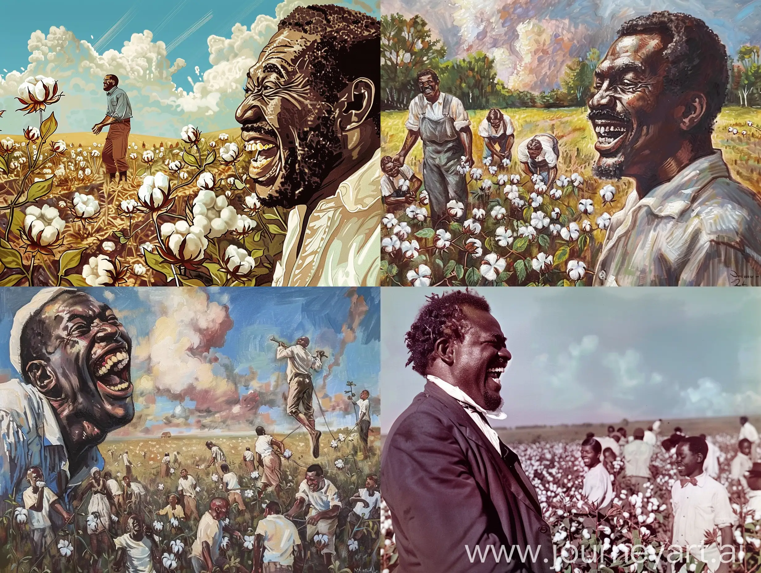 A black rich man laughs on white people who are picking cotton in field 