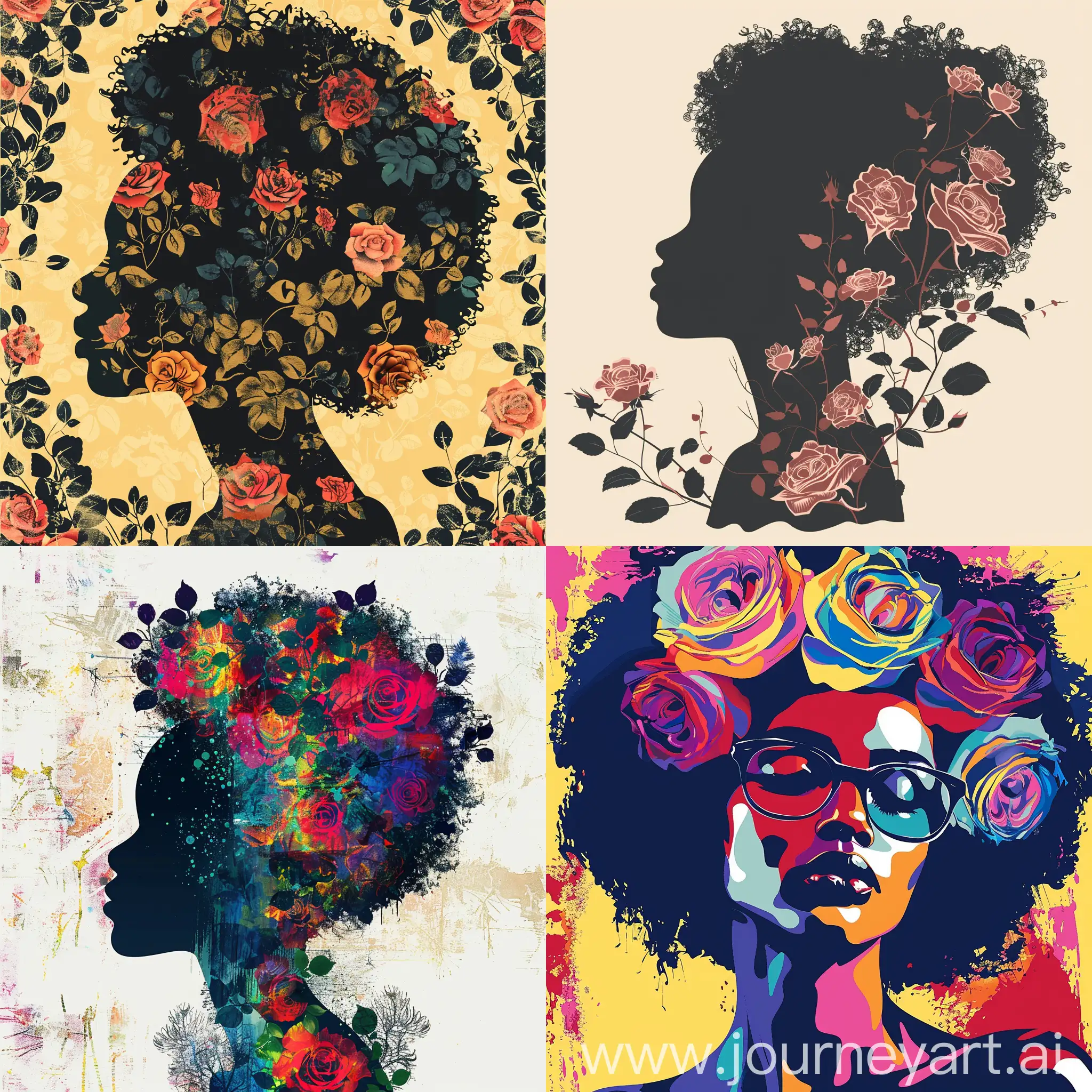 
silhouettes féminine Afro Œuvres d’art abstraites. avec des roses. Style Bohémien. Art printing 
