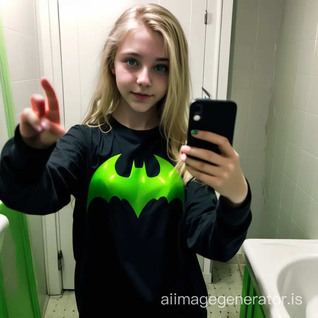 female, 14 years old, blonde hair, green eyes, taking selfie, well decorate bathroom, no phone, black batman shirt, full body