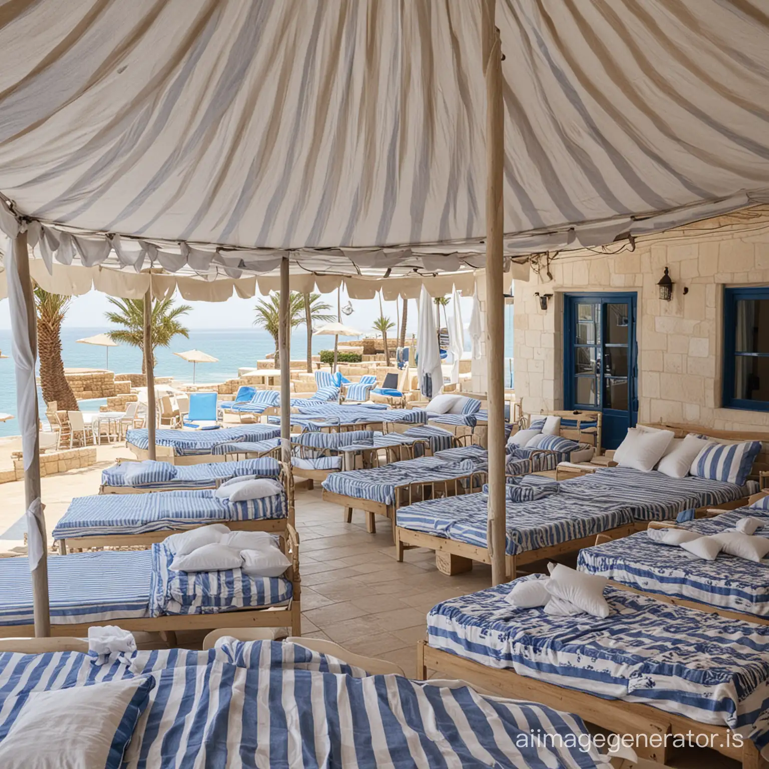 I want Batroun Village club in Batroun, Lebanon, with the mood of blue and white stripped beds and parasols