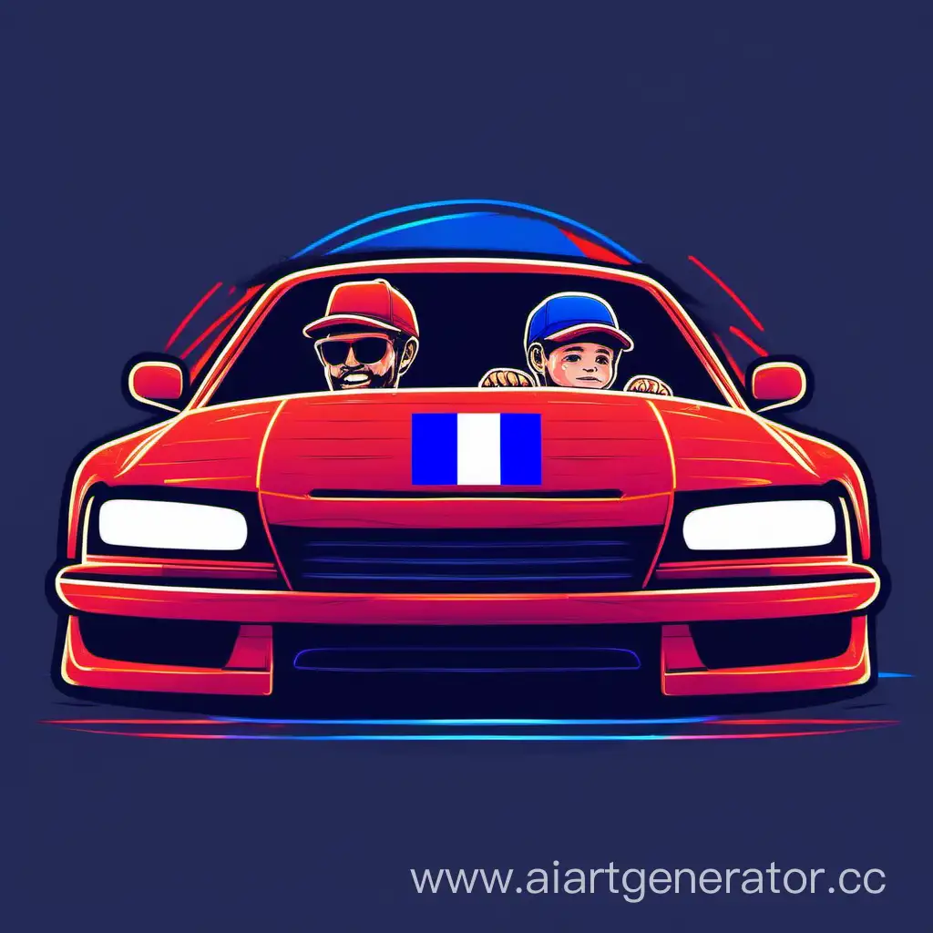 Father and son on a drift car with the Russian flag neon design