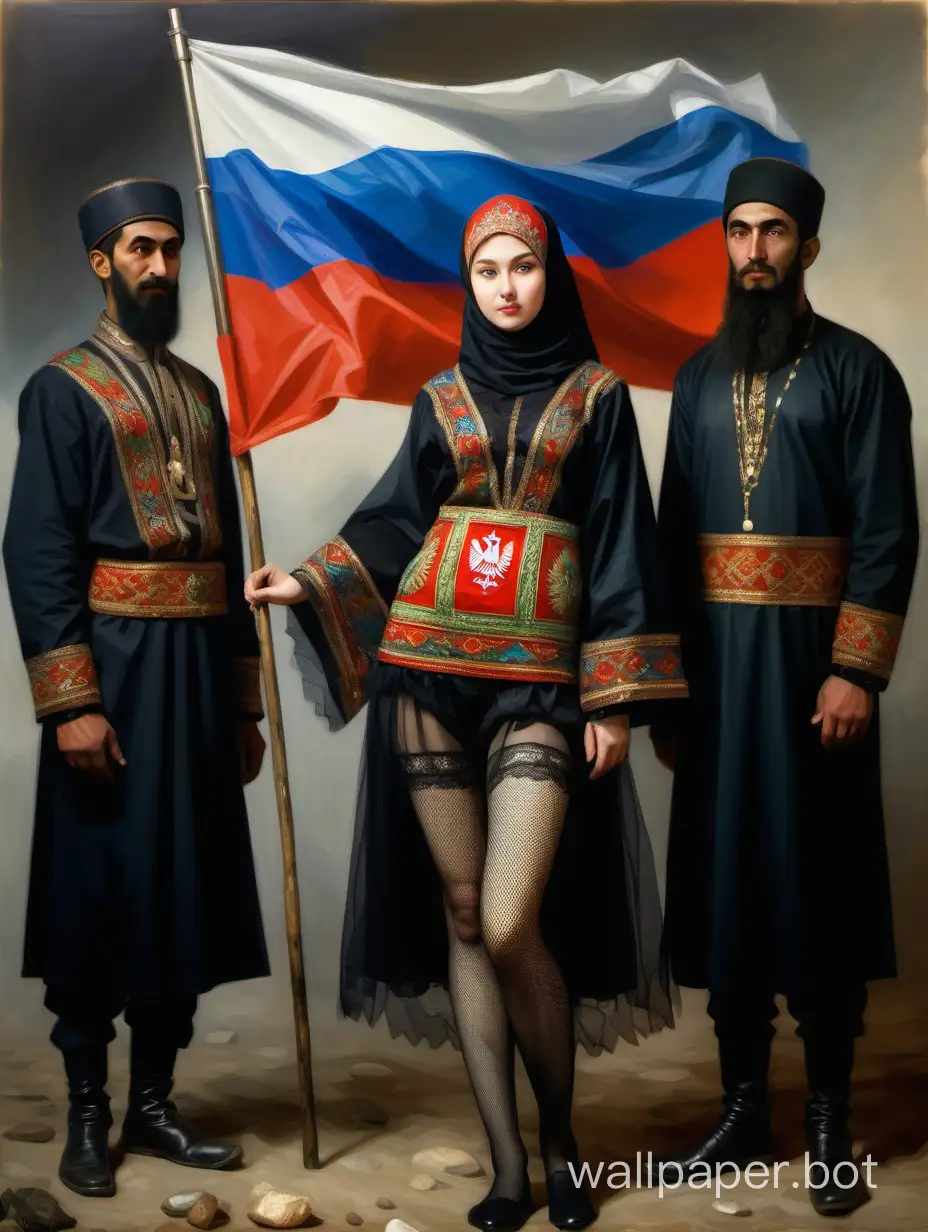 Russian-Girl-in-Traditional-Costume-with-Central-Asian-and-Caucasian-Men