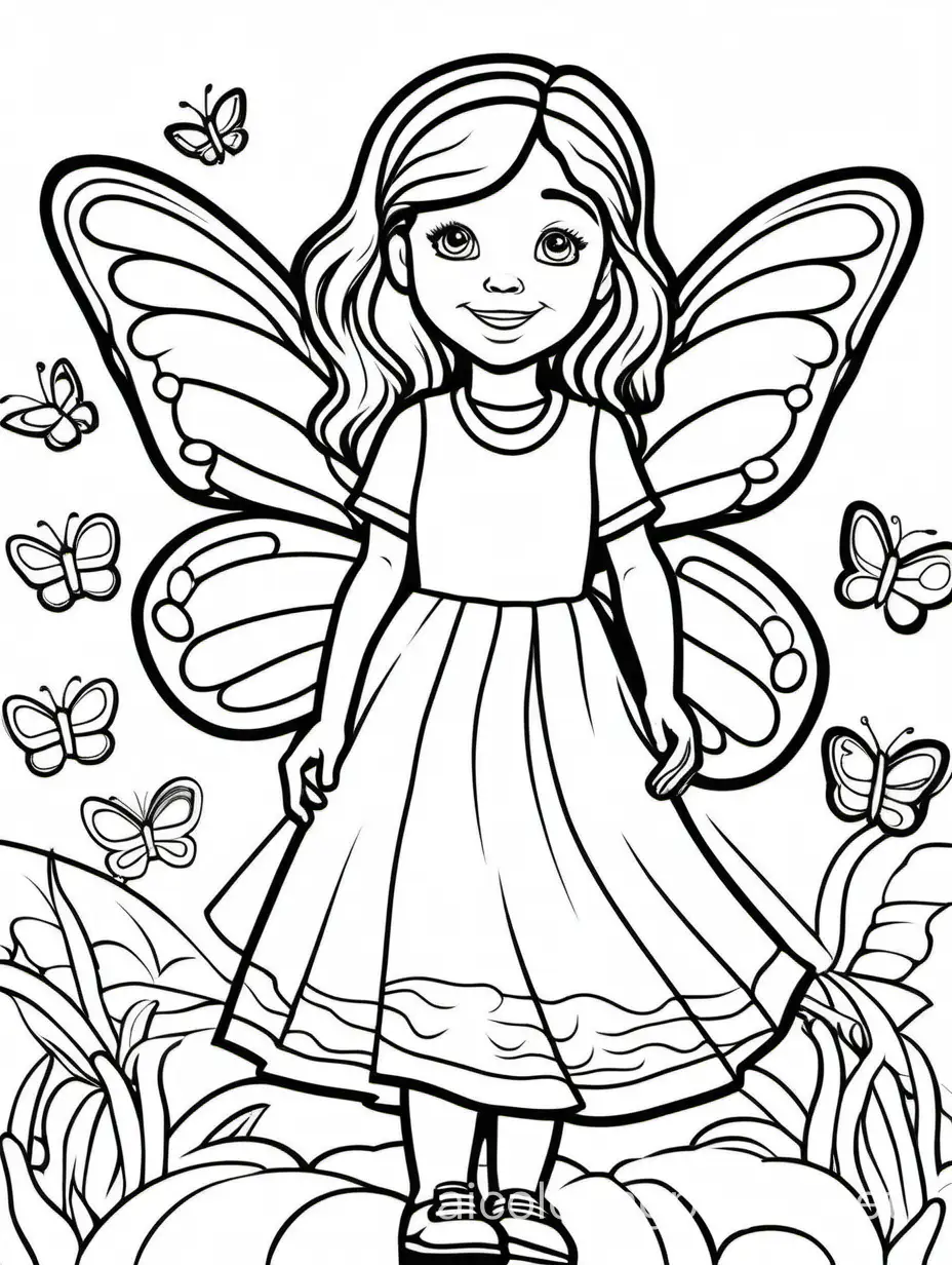  happy friendly playful girl with butterfly wings coloring book page for kids, Coloring Page, black and white, line art, white background, Simplicity, Ample White Space. The background of the coloring page is plain white to make it easy for young children to color within the lines. The outlines of all the subjects are easy to distinguish, making it simple for kids to color without too much difficulty, with margin, Coloring Page, black and white, line art, white background, Simplicity, Ample White Space. The background of the coloring page is plain white to make it easy for young children to color within the lines. The outlines of all the subjects are easy to distinguish, making it simple for kids to color without too much difficulty
