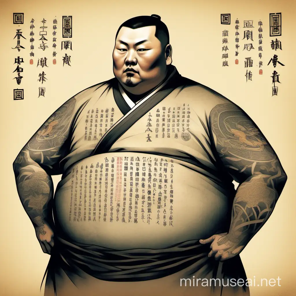 Un grand gros et fort diplomate médiéval asiatique tête nue avec des cheveux noirs et courts avec des idéogrammes chinois tatouées sur les bras