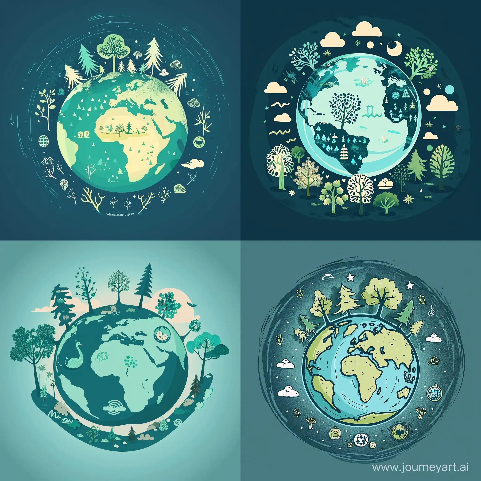 the earth with trees and environmental icons, in the style of light teal and dark sky-blue, cute cartoonish designs