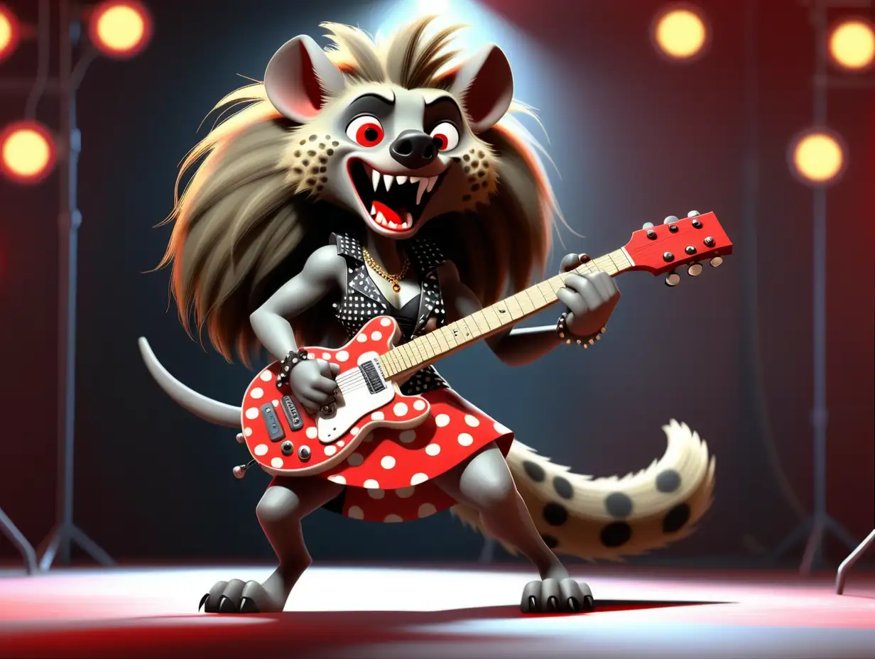 A long-haired female rock and roll glam-dressed hyena playing an red and white polka dot electric guitar. Dress the hyena in a black and red studded vest, black dress and a gold necklace. 4k Pixar animation style. Make the background a stage with lights. Camera angle to show full body