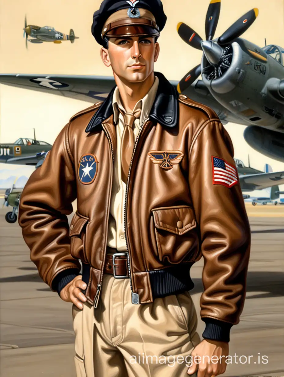 full body, athletic, handsome, tan skin, white man, black hair, comb over haircut, 5 o clock shadow, dark eyes, a-2 brown leather bomber jacket, brown leather gloves, brown leather shoes, beige slacks, beige dress shirt, brown necktie, brown usaaf officer cap, standing, hands on hips, world war 2 airfield