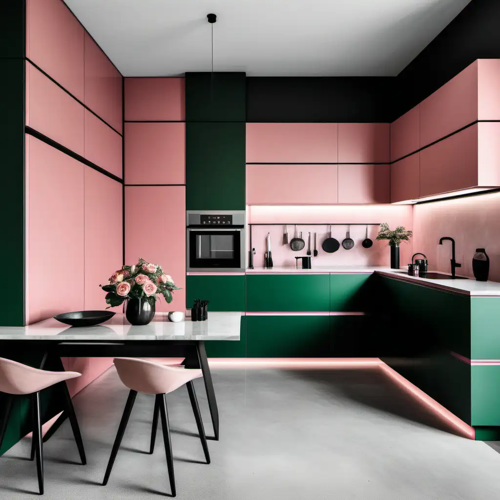 hochmoderner architektonischer Küchenbereich mit colourblocking inneneinrichtung in neutralen farben wie dunklem leuchtendem grün und hellem zarten rose, 