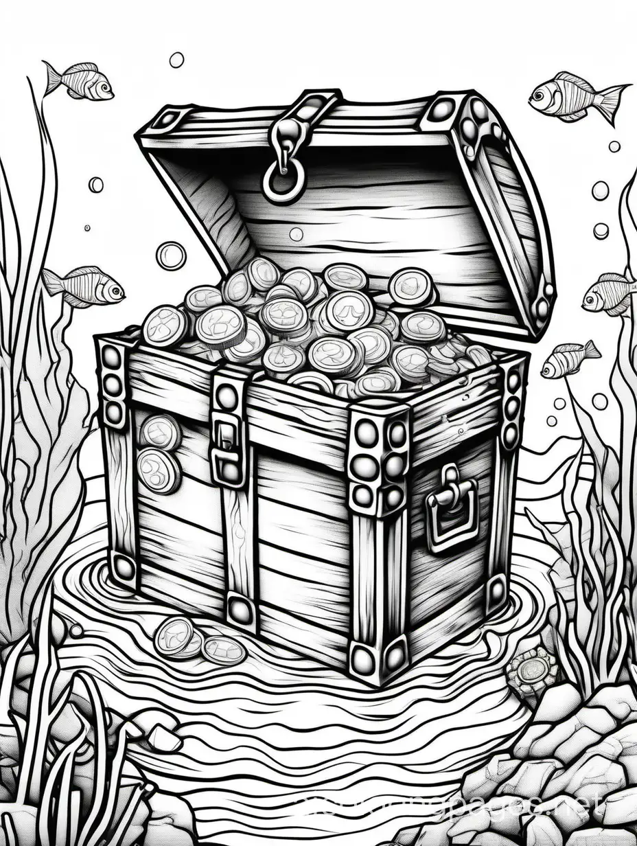 Underwater treasure chest with gold coins, Extremely detailed fantasy line art beautiful high detail crisp quality, colourful, Coloring Page, black and white, line art, white background, Simplicity, Ample White Space. The background of the coloring page is plain white to make it easy for young children to color within the lines. The outlines of all the subjects are easy to distinguish, making it simple to color without too much difficulty, Coloring Page, black and white, line art, white background, Simplicity, Ample White Space. The background of the coloring page is plain white to make it easy for young children to color within the lines. The outlines of all the subjects are easy to distinguish, making it simple for kids to color without too much difficulty