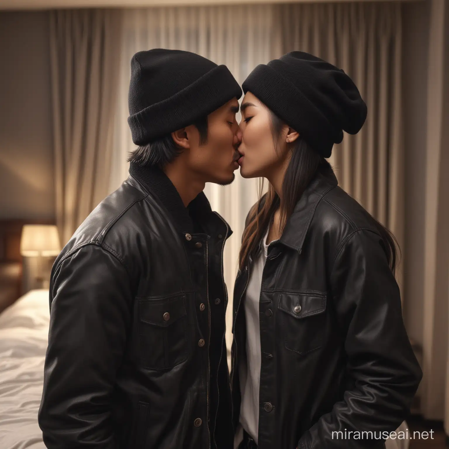 RAW, photorealistic. Two Romantic Asian couple (kissing), man wearing black beanie and jacket and the woman wearing shirt, hyper realistic in hotel room. intricately detailed, cinematic lighting, sharp focus.