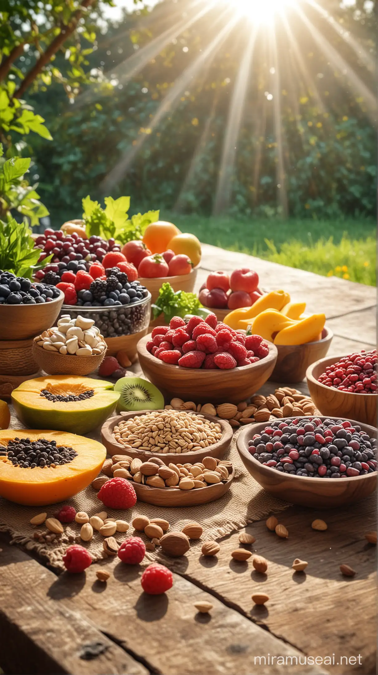 superfoods on table, natural background, sun light effect, 4k, HDR, morning time weather