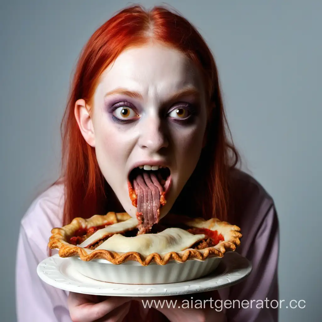 Рыжая некрасивая девочка ест сочный пирог с мясной начинкой