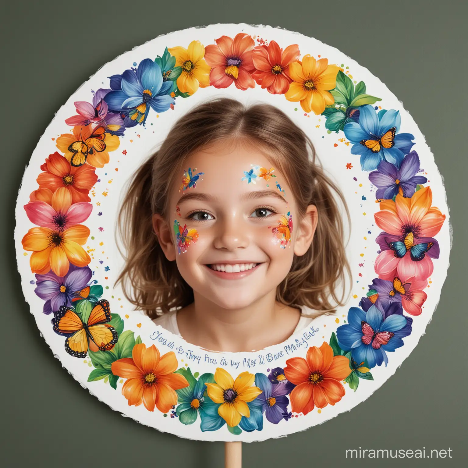 The logo is in the shape of a blooming flower, where each petal is made in a different color of the rainbow and decorated with face painting patterns such as butterflies, bees and small rainbows. In the center of the flower is a smiling child's face with face painting. The studio name is placed around the flower in a circle or underneath in a bright, cheerful font.
