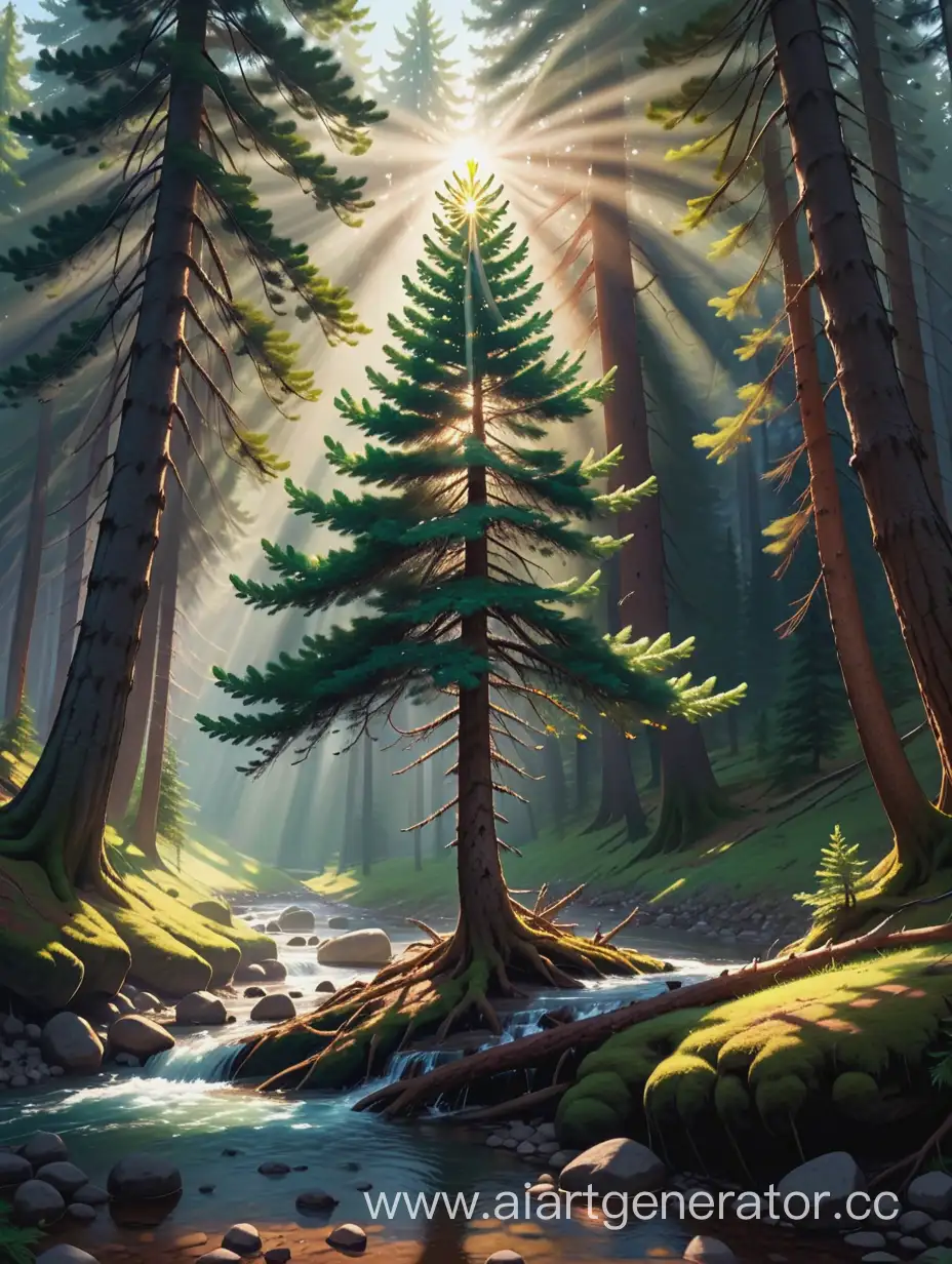 Sunlit-Spruce-Tree-with-Babbling-Brook