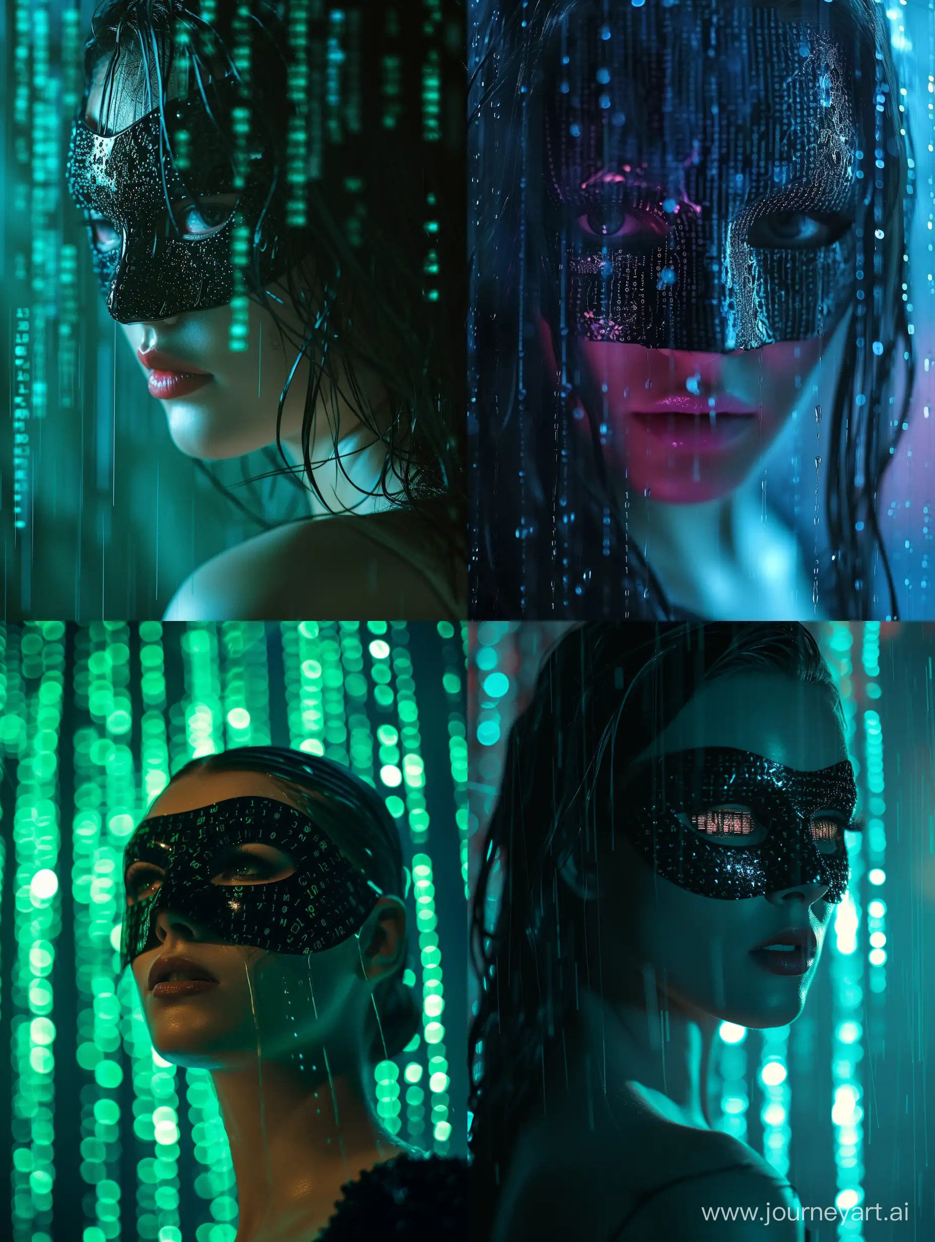 Woman in feminine anonymous mask, matrix raining code