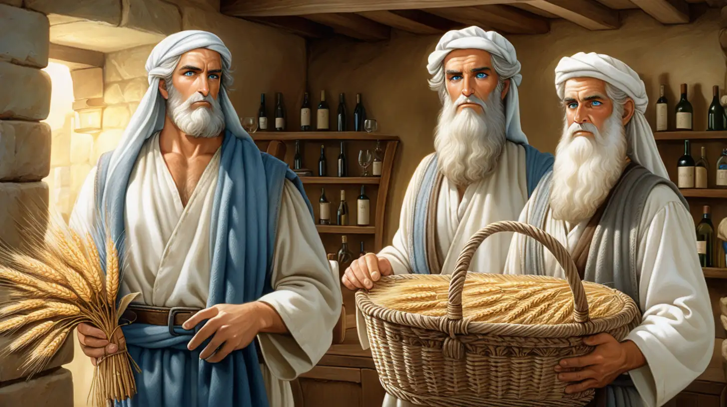 Serious Hebrews in Biblical Attire with Wheat and Olive Oil