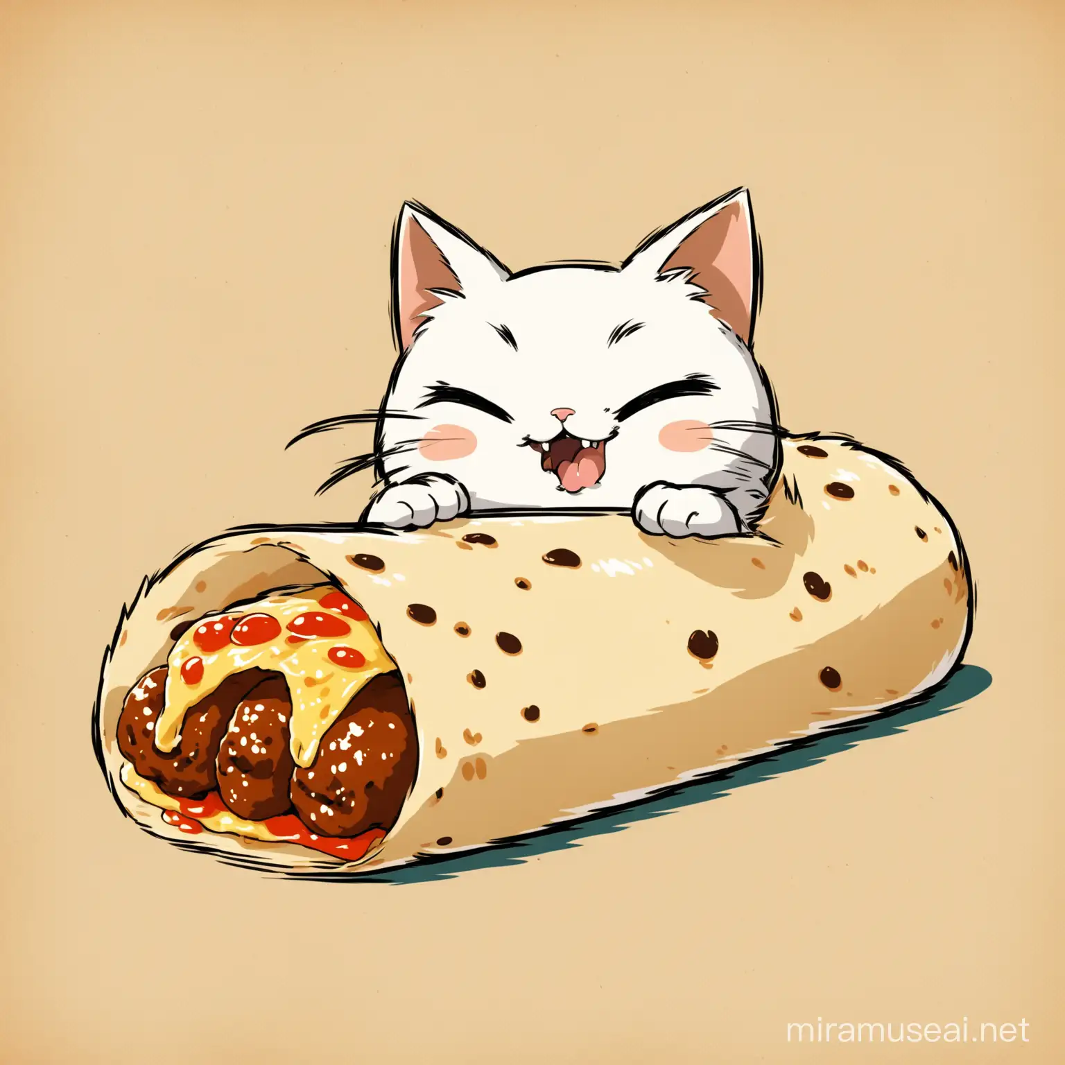 a hungry cat is eating a burrito. vintage anime.