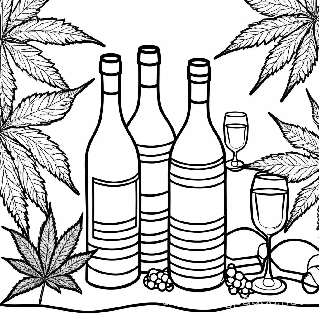 wine and marijuana., Coloring Page, black and white, line art, white background, Simplicity, Ample White Space. The background of the coloring page is plain white to make it easy for young children to color within the lines. The outlines of all the subjects are easy to distinguish, making it simple for kids to color without too much difficulty