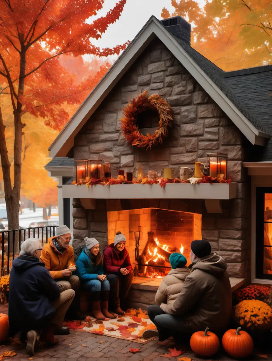 A cozy scene of people gathered around a crackling fireplace, sipping hot cider and sharing stories, while outside the window, colorful leaves fall from the trees, evoking the warmth and comfort of Thanksgiving celebrations.