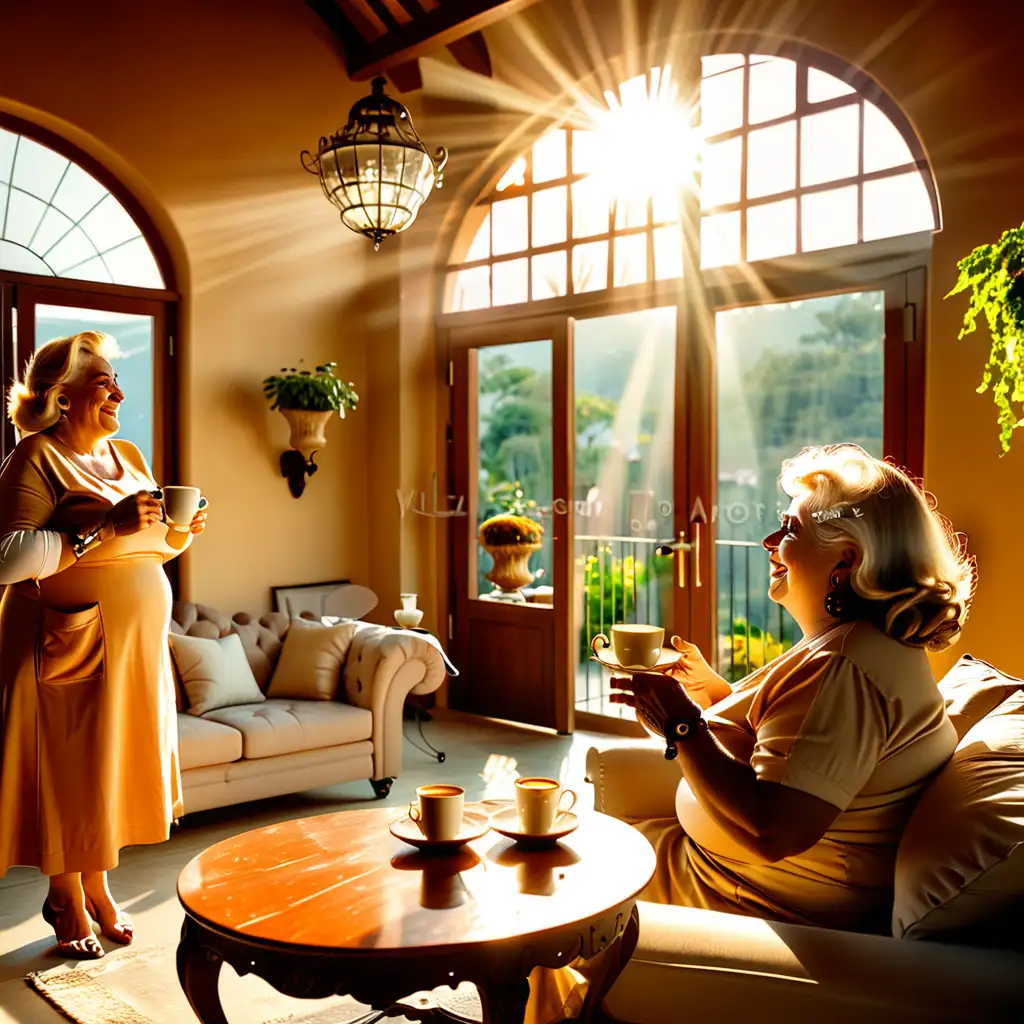 Ältere dicke Hausfrau trinkt mit attraktivem Handwerker Kaffee in ihrem Luxuswohnzimmer ihrer Villa. Sie schaut glücklich. die sonne scheint durchs Fenster.